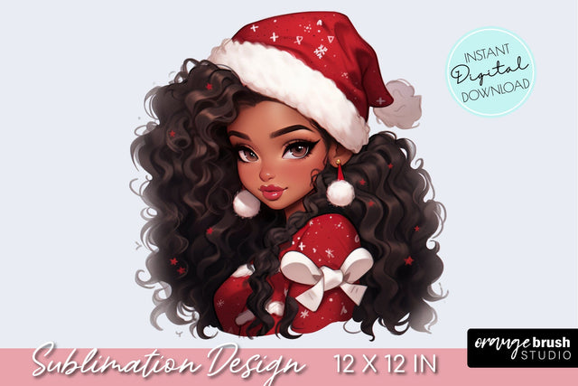 Christmas Black Girl Sublimation Design, Girl in Santa Hat Sublimation OrangeBrushStudio 