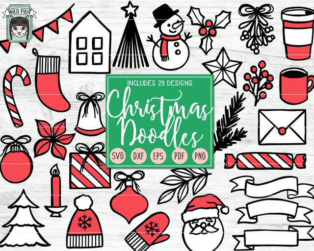 Christmas Bundle SVG Cut File, Christmas Doodles Vector, Snowman svg, Presents svg, Candy cane svg, Mitten svg, Hat svg, Stocking svg, Tree svg, Santa svg, Ribbon Banner svg SVG Wild Pilot 