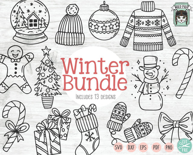 Christmas Bundle SVG Cut File, Snowman SVG, Presents SVG, Candy Cane SVG, Ugly Sweater SVG, Mittens SVG, Hat SVG, Stocking SVG, Snow Globe SVG, Gingerbread Man SVG, Bow SVG, Tree SVG SVG Wild Pilot 