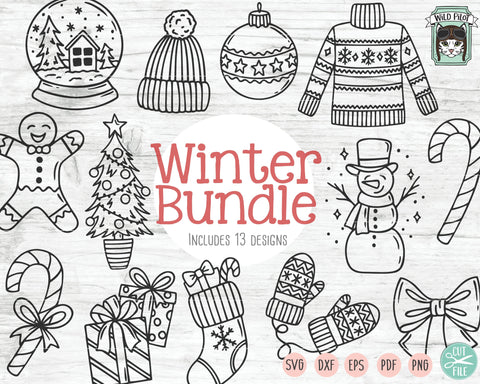 Christmas Bundle SVG Cut File, Snowman SVG, Presents SVG, Candy Cane SVG, Ugly Sweater SVG, Mittens SVG, Hat SVG, Stocking SVG, Snow Globe SVG, Gingerbread Man SVG, Bow SVG, Tree SVG SVG Wild Pilot 