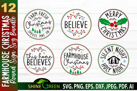 Christmas Bundle SVG -Farmhouse Christmas Round Sign Bundle SVG Shine Green Art 