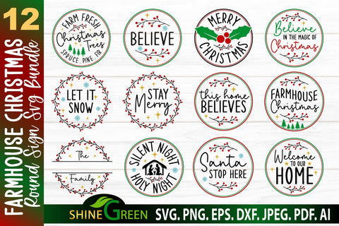 Christmas Bundle SVG -Farmhouse Christmas Round Sign Bundle SVG Shine Green Art 