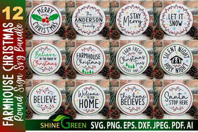 Christmas Bundle SVG -Farmhouse Christmas Round Sign Bundle SVG Shine Green Art 