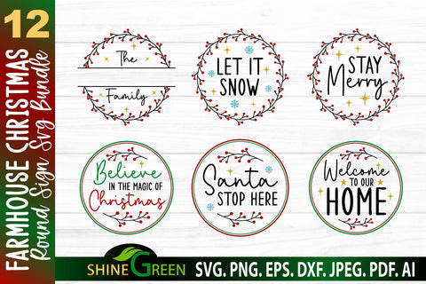 Christmas Bundle SVG -Farmhouse Christmas Round Sign Bundle SVG Shine Green Art 