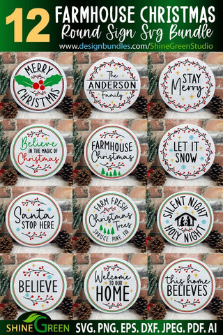 Christmas Bundle SVG -Farmhouse Christmas Round Sign Bundle SVG Shine Green Art 