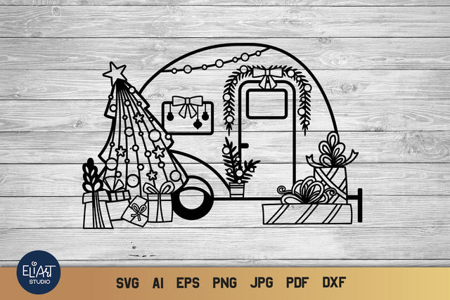 Christmas Camper SVG, Camping, Happy Camper with Christmas Tree and Gifts. SVG Elinorka 