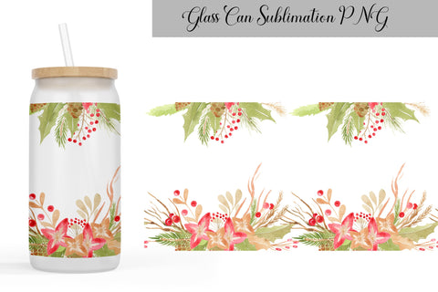 Christmas Can Glass Wrap | Libbey Glass Can Floral Christmas Sublimation WatercolorColorDream 