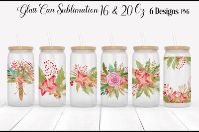 Christmas Can Glass Wrap | Libbey Glass Can Floral Christmas Sublimation WatercolorColorDream 
