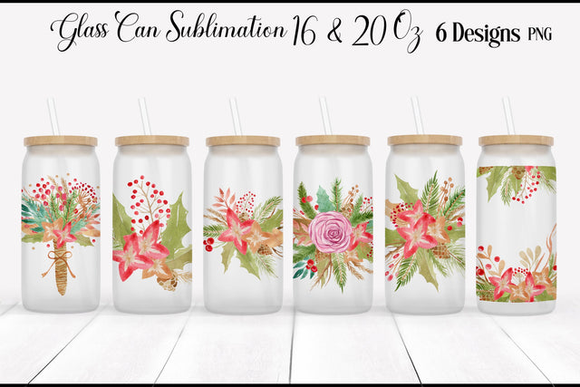 Christmas Can Glass Wrap | Libbey Glass Can Floral Christmas Sublimation WatercolorColorDream 