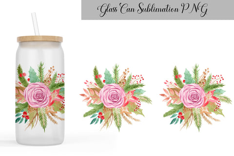 Christmas Can Glass Wrap | Libbey Glass Can Floral Christmas Sublimation WatercolorColorDream 