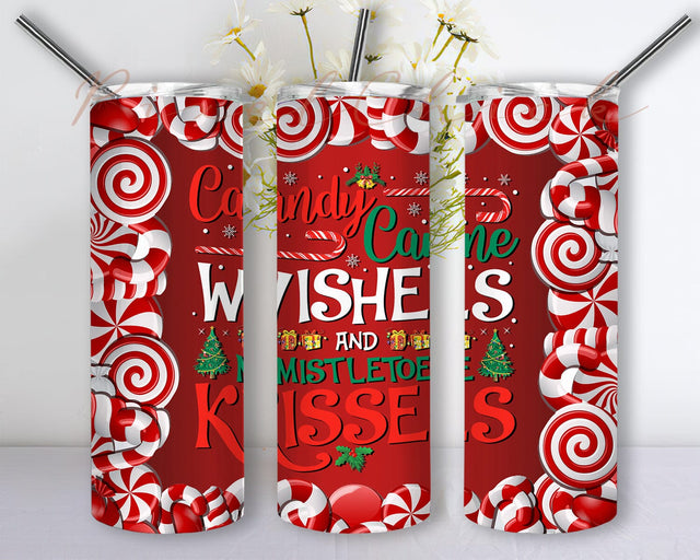Christmas Candy 20oz Tumbler Template, Candy Cane Wishes And Mistletoe Kisses Design Png, Candy Cane Tumbler Wrap, Merry Christmas Sublimation Png, Instant Download Sublimation PixelChick 