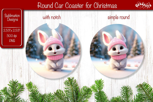 Christmas Car Coaster Sublimation Round coaster Sublimation design Christmas Bunny, Baby Animals PNG Sublimation Createya Design 