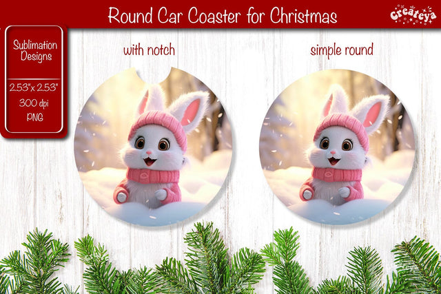 Christmas Car Coaster Sublimation Round coaster Sublimation design Christmas Bunny, Baby Animals PNG Sublimation Createya Design 
