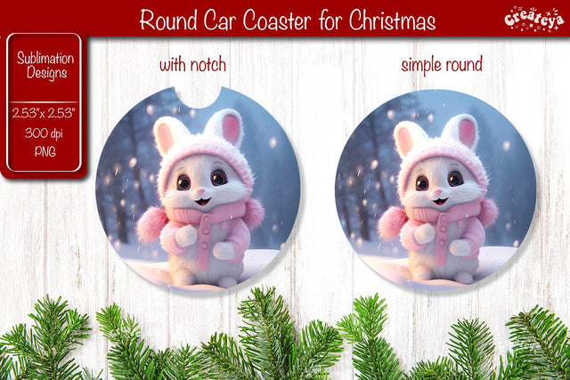 Christmas Car Coaster Sublimation Round coaster Sublimation design Christmas Bunny, Baby Animals PNG Sublimation Createya Design 