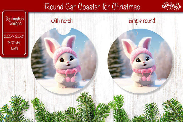 Christmas Car Coaster Sublimation Round coaster Sublimation design Christmas Bunny, Baby Animals PNG Sublimation Createya Design 