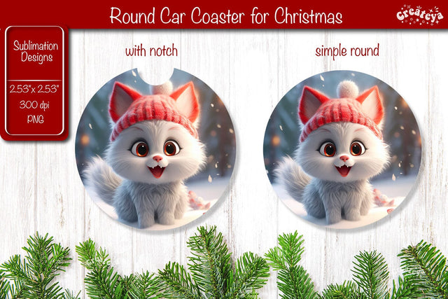 Christmas Car Coaster Sublimation Round coaster Sublimation design Christmas Cat, Baby Animals PNG Sublimation Createya Design 