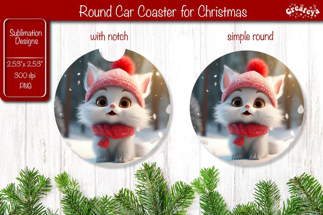 Christmas Car Coaster Sublimation Round coaster Sublimation design Christmas Cat, Baby Animals PNG Sublimation Createya Design 