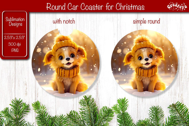Christmas Car Coaster Sublimation Round coaster Sublimation design Christmas Dog, Baby Animals PNG Sublimation Createya Design 