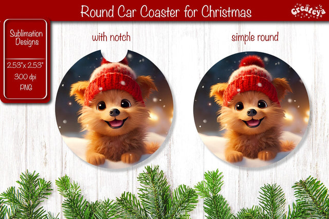 Christmas Car Coaster Sublimation Round coaster Sublimation design Christmas Dog, Baby Animals PNG Sublimation Createya Design 