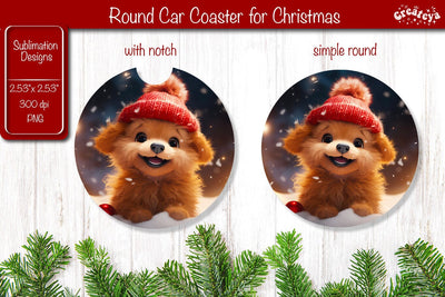 Christmas Car Coaster Sublimation Round coaster Sublimation design Christmas Dog, Baby Animals PNG Sublimation Createya Design 