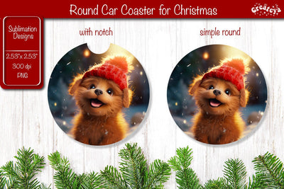 Christmas Car Coaster Sublimation Round coaster Sublimation design Christmas Dog, Baby Animals PNG Sublimation Createya Design 