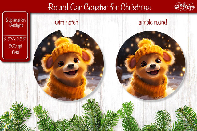 Christmas Car Coaster Sublimation Round coaster Sublimation design Christmas Dog, Baby Animals PNG Sublimation Createya Design 