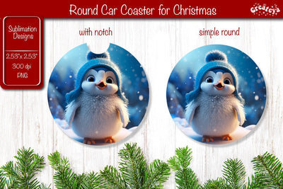 Christmas Car Coaster Sublimation Round coaster Sublimation design Christmas Penguin, Baby Animals PNG Sublimation Createya Design 