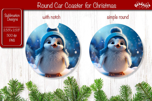 Christmas Car Coaster Sublimation Round coaster Sublimation design Christmas Penguin, Baby Animals PNG Sublimation Createya Design 