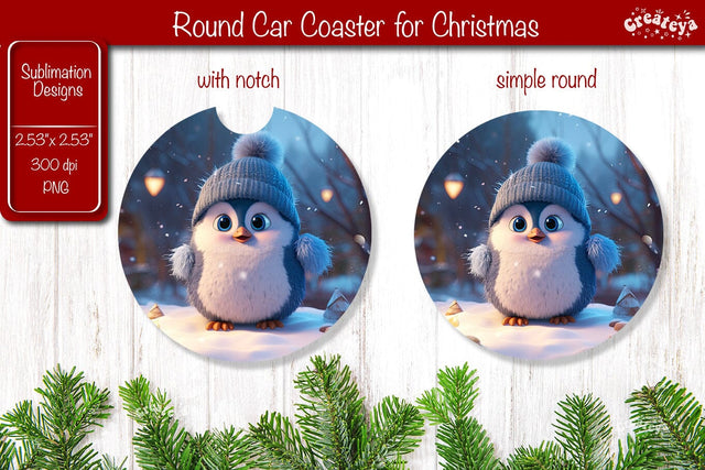 Christmas Car Coaster Sublimation Round coaster Sublimation design Christmas Penguin, Baby Animals PNG Sublimation Createya Design 