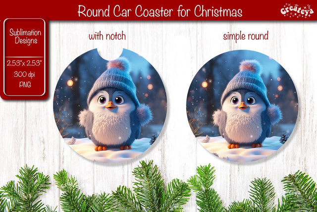 Christmas Car Coaster Sublimation Round coaster Sublimation design Christmas Penguin, Baby Animals PNG Sublimation Createya Design 