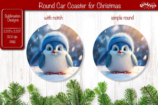 Christmas Car Coaster Sublimation Round coaster Sublimation design Christmas Penguin, Baby Animals PNG Sublimation Createya Design 