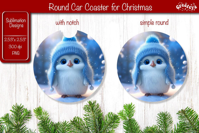Christmas Car Coaster Sublimation Round coaster Sublimation design Christmas Penguin, Baby Animals PNG Sublimation Createya Design 