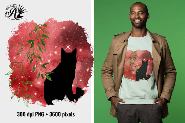 Christmas Cat and Leaves PNG for sublimation, vinyl printing Sublimation Angel on Empire 