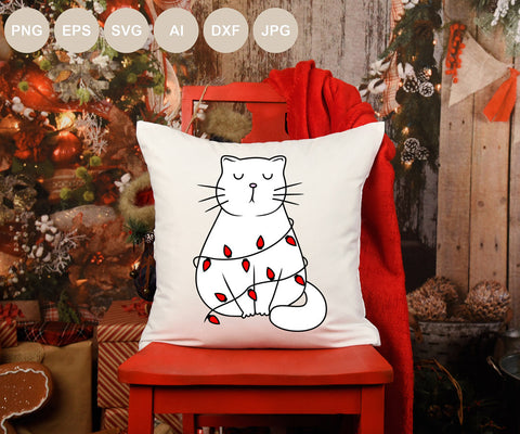 Christmas Cat and Lights Svg, Christmas Svg, Funny Cat, Holiday, Winter SVG BogeliaVector 