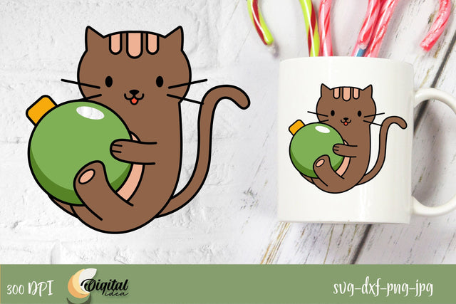 Christmas Cat Drawing Design. Cute Cat with bauble SVG SVG Evgenyia Guschina 
