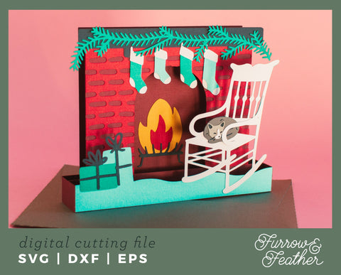 Christmas Cat Fireplace Box Card 3D Paper Furrow and Feather SVG 
