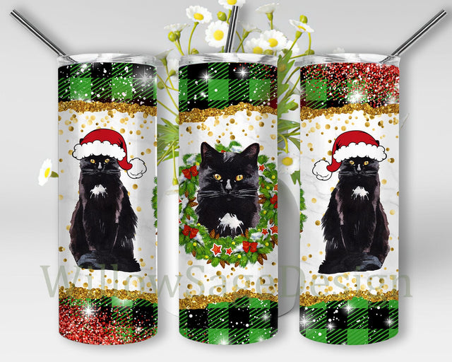 Christmas Cat Tumbler Png, Black Santa Cat 20oz Skinny Tumbler, Christmas Plaid Glitter Tumbler Wrap, Cute Black Cat Tumbler Template, Digital Download Sublimation WillowSageDesign 