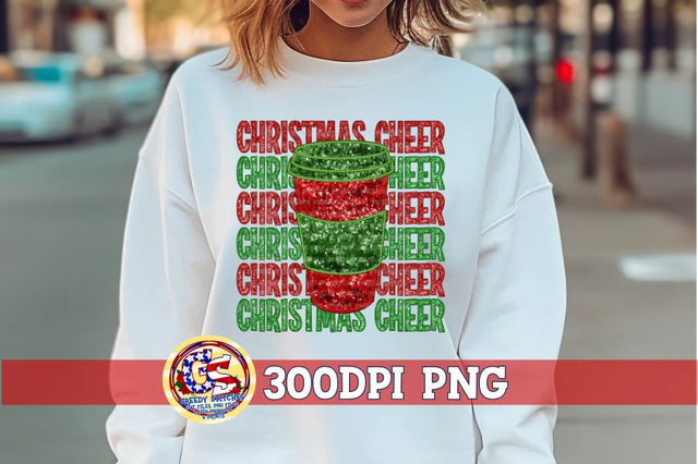 Christmas Cheer Coffee Faux Embroidery Sequins PNG Sublimation Greedy Stitches 