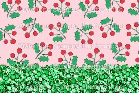 Christmas Cherries Sublimation for Mug /Pink, Green Sequins /11oz and 15oz Sublimation Marlene Campos 