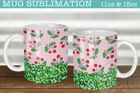 Christmas Cherries Sublimation for Mug /Pink, Green Sequins /11oz and 15oz Sublimation Marlene Campos 