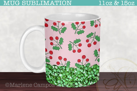 Christmas Cherries Sublimation for Mug /Pink, Green Sequins /11oz and 15oz Sublimation Marlene Campos 
