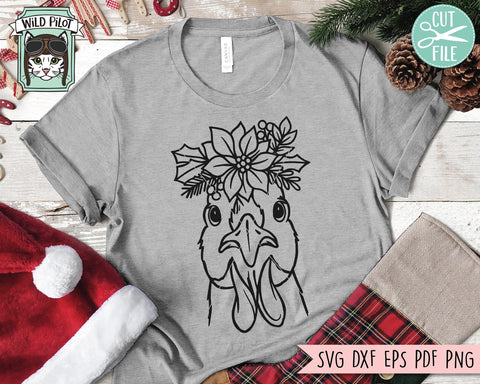 Christmas Chicken SVG file, Chicken Poinsettia SVG, Chicken cut file, Chicken Floral svg, Farm Animals svg, Chicken Flower svg, Christmas Animals svg SVG Wild Pilot 
