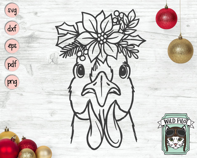 Christmas Chicken SVG file, Chicken Poinsettia SVG, Chicken cut file, Chicken Floral svg, Farm Animals svg, Chicken Flower svg, Christmas Animals svg SVG Wild Pilot 
