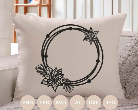 Christmas Circle Frame Svg file, Christmas Svg, Snowflake Cut file, Wreath, Monogram Svg, Holiday, Poinsettia, Floral, Flower, Winter SVG BogeliaVector 