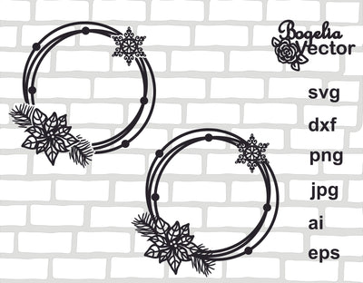 Christmas Circle Frame Svg file, Christmas Svg, Snowflake Cut file, Wreath, Monogram Svg, Holiday, Poinsettia, Floral, Flower, Winter SVG BogeliaVector 
