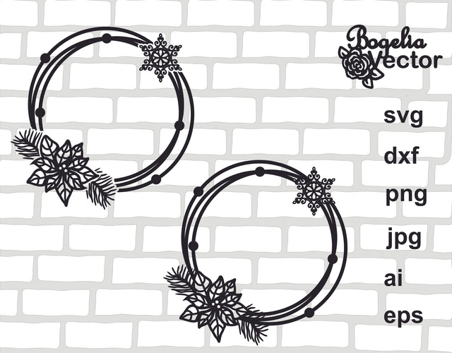 Christmas Circle Frame Svg file, Christmas Svg, Snowflake Cut file, Wreath, Monogram Svg, Holiday, Poinsettia, Floral, Flower, Winter SVG BogeliaVector 
