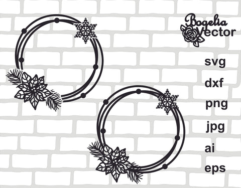 Christmas Circle Frame Svg file, Christmas Svg, Snowflake Cut file, Wreath, Monogram Svg, Holiday, Poinsettia, Floral, Flower, Winter SVG BogeliaVector 