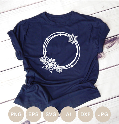 Christmas Circle Frame Svg file, Christmas Svg, Snowflake Cut file, Wreath, Monogram Svg, Holiday, Poinsettia, Floral, Flower, Winter SVG BogeliaVector 