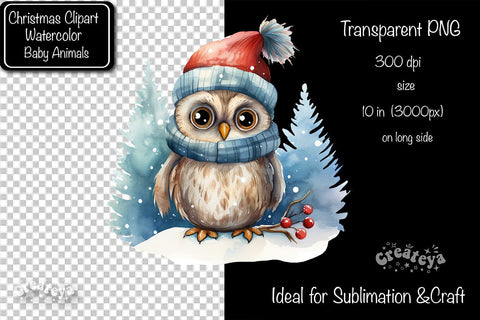 Christmas Clipart Owl Illustration Watercolor Christmas clipart PNG Sublimation Createya Design 