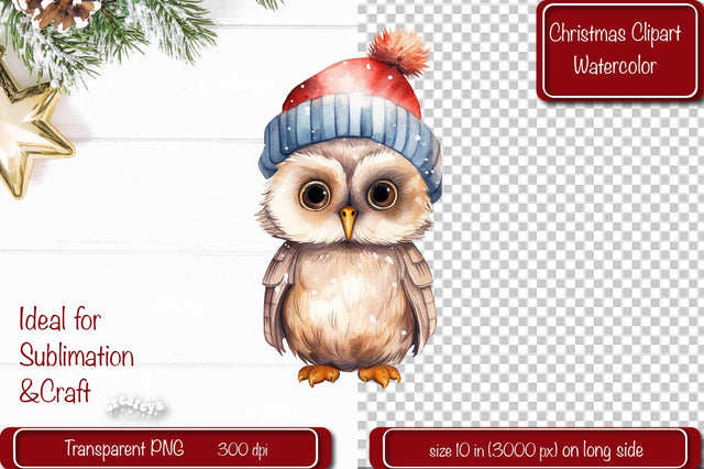 Christmas Clipart Owl Illustration Watercolor Christmas clipart PNG Sublimation Createya Design 